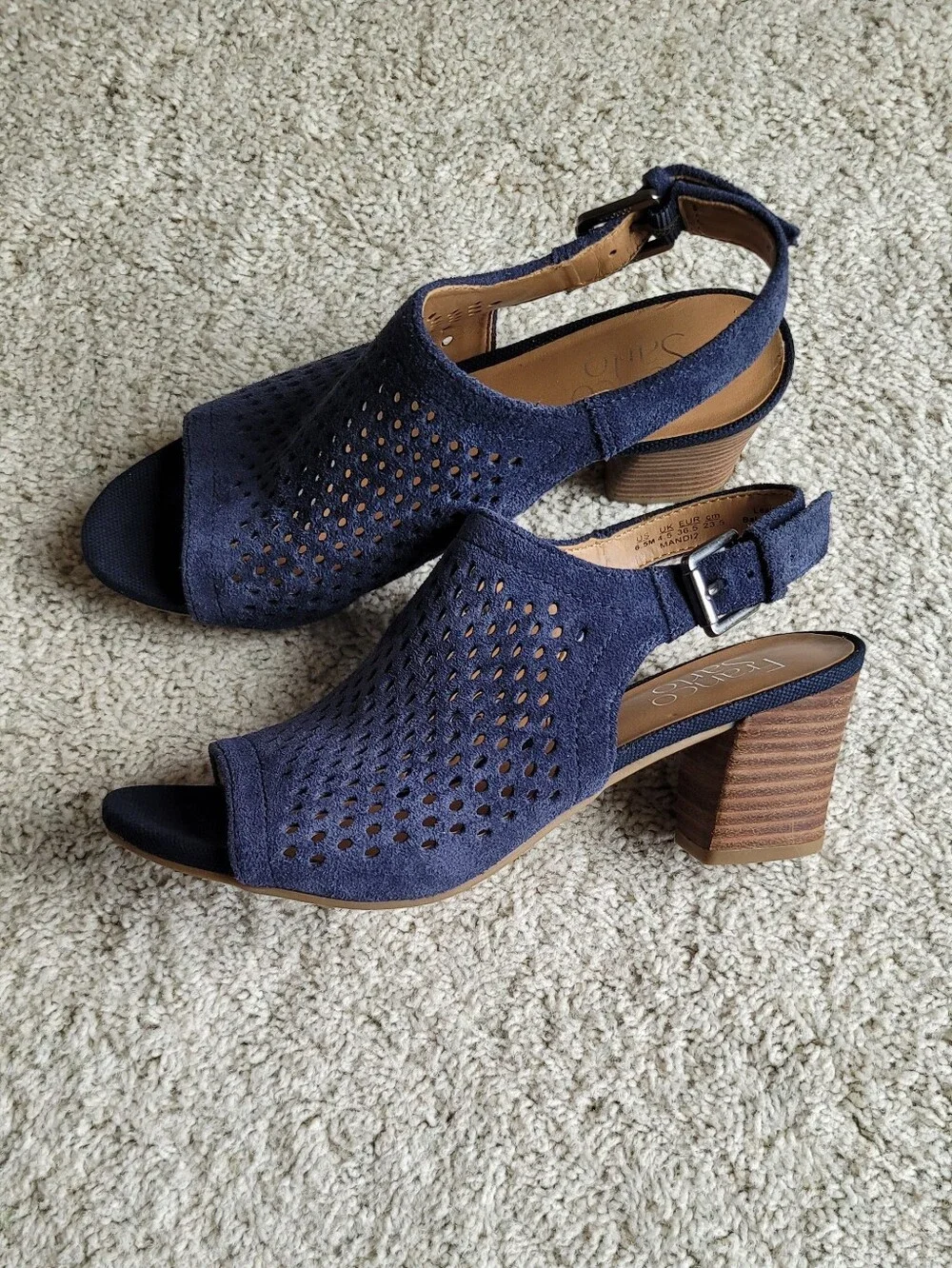 Franco Sarto Perforated Suede Navy  2 1/2" Stacked Heels Great Condition. - Picture 5 of 5